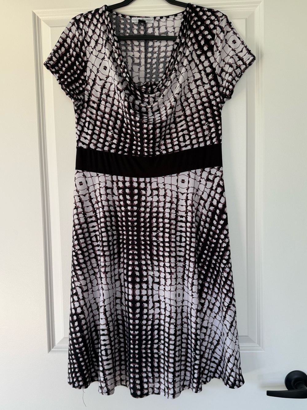 Black & White Cowl Neck Midi Dress with Defined Waist